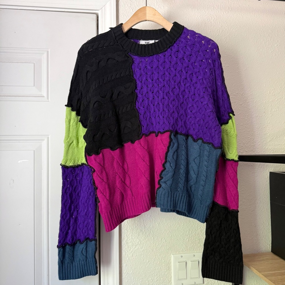 THE RAGGED PRIEST colorblock patchwork crochet long sleeve pullover sweater